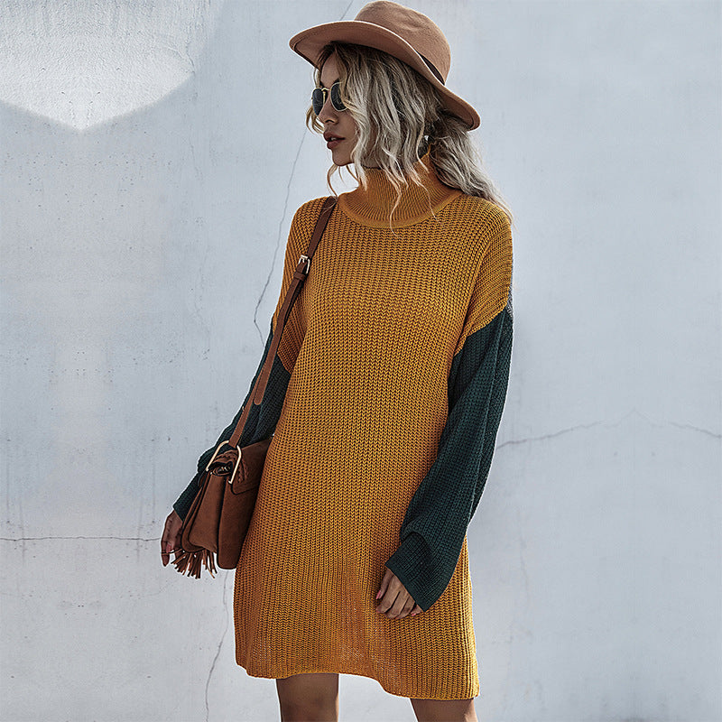 Women's knitted dress with asymmetric cut and contrasting sleeves WW