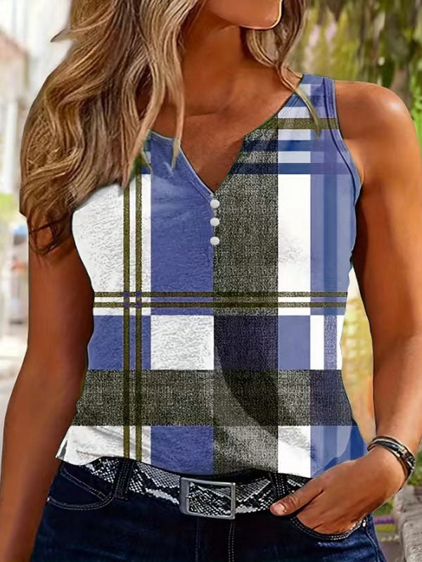 Women's sleeveless checked top with decorative buttons WW