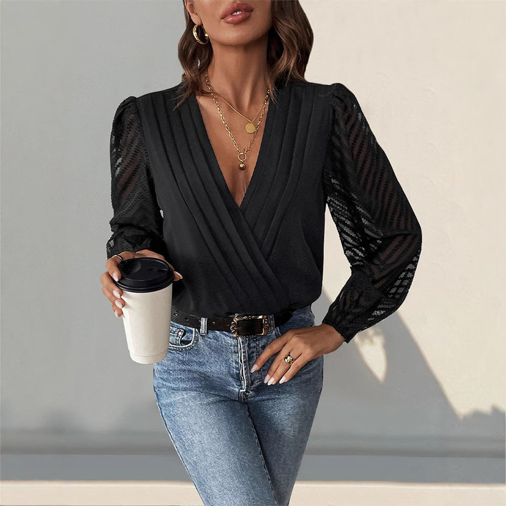 Women's blouse with elegant wrap design and transparent sleeves WW