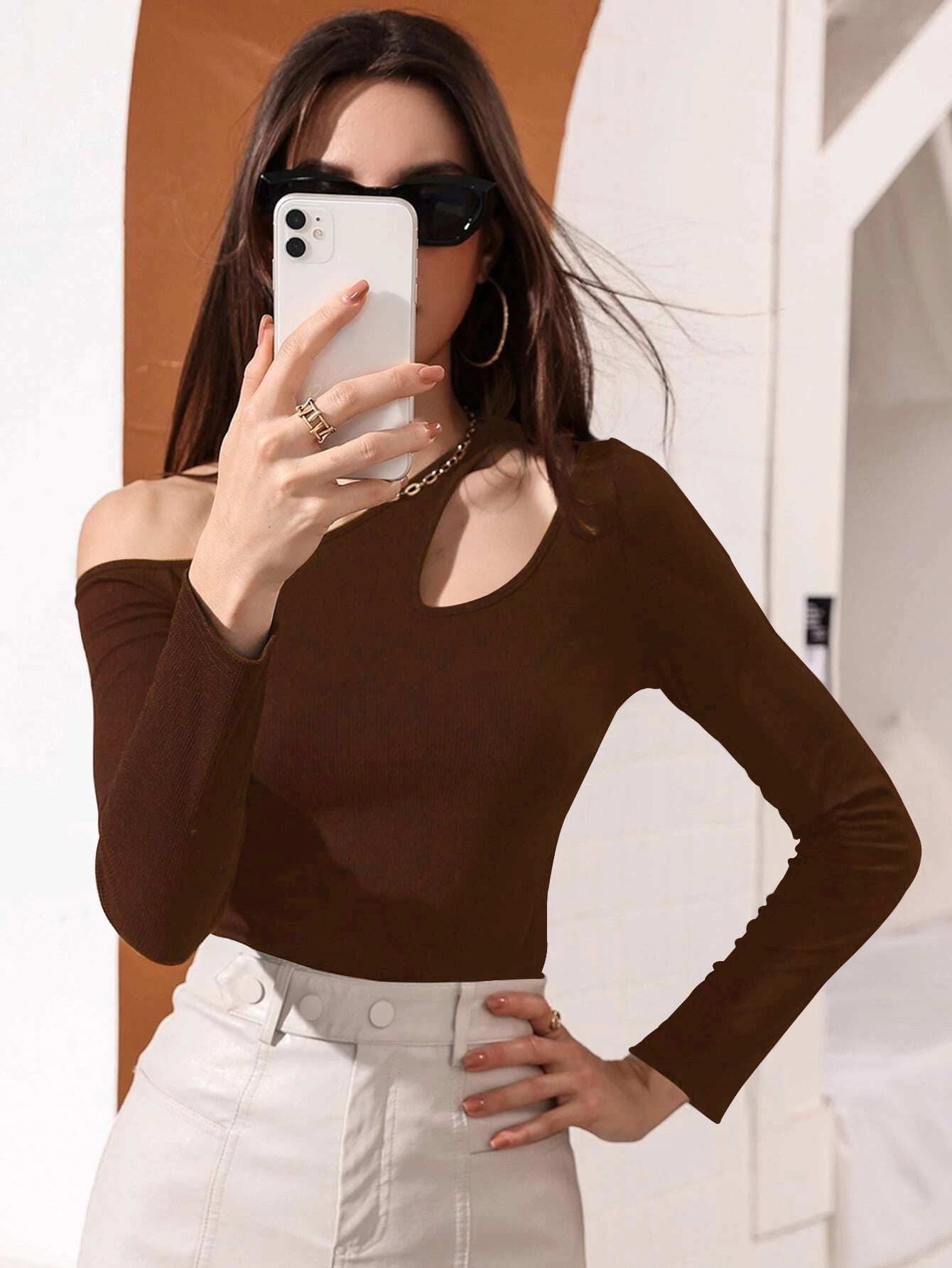 Women's asymmetric long-sleeved shirt with creative cut-outs W&W
