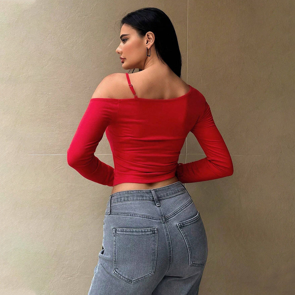 Women's asymmetrical crop top with fashionable ruffle details and elegant comfort W&W