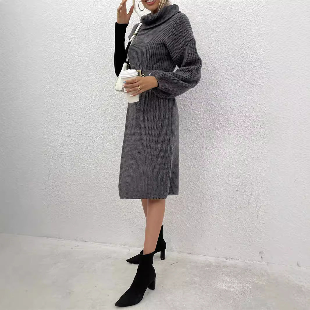 Women's knitted dress with asymmetric hem and high collar WW