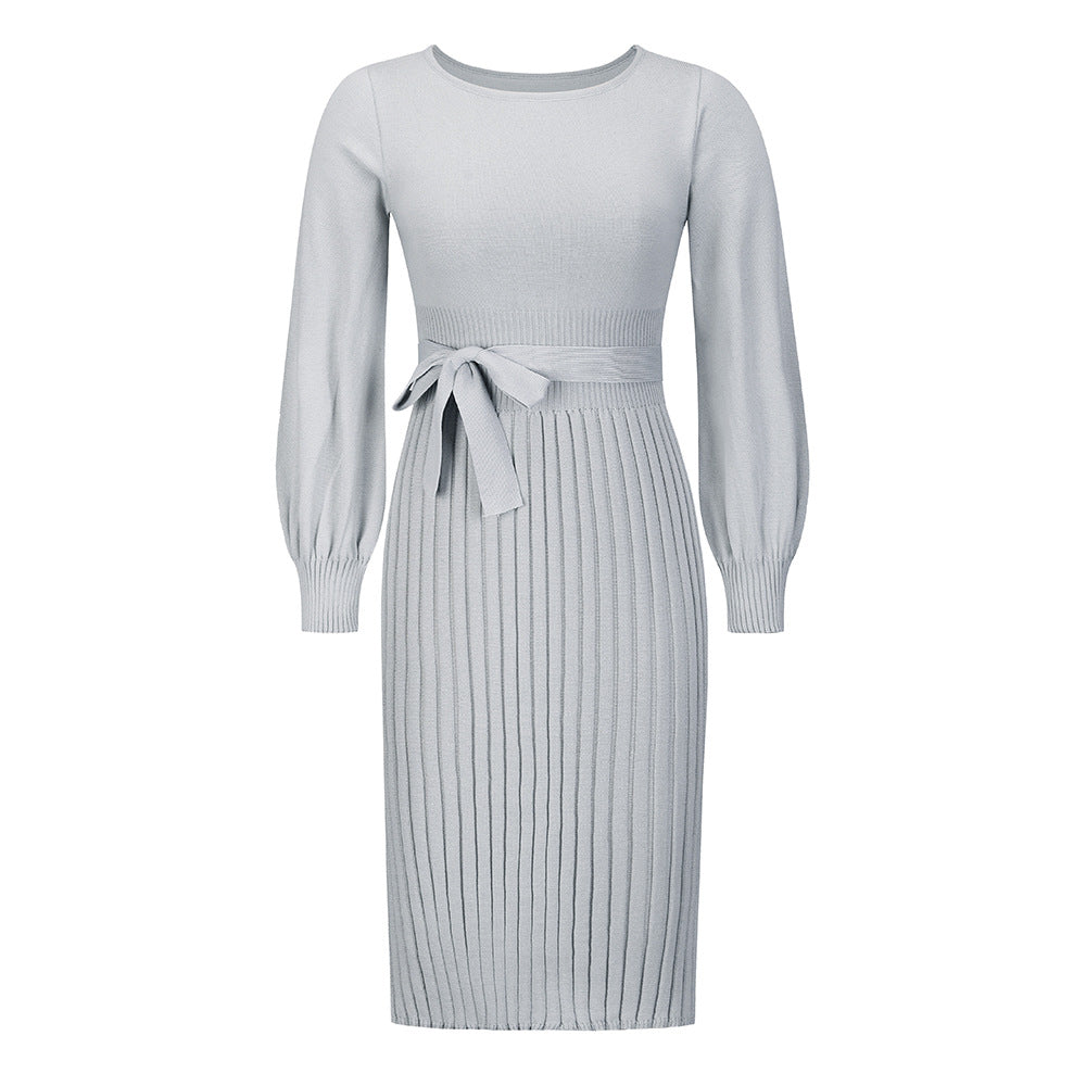 Women's knitted dress with adjustable belt and long sleeves WW