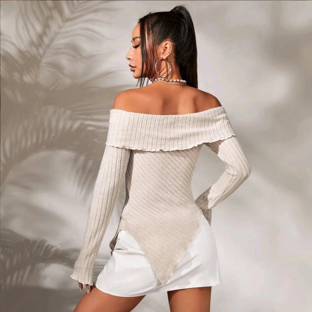 Women's off-the-shoulder ribbed knit top with asymmetric hem and decorative details WW