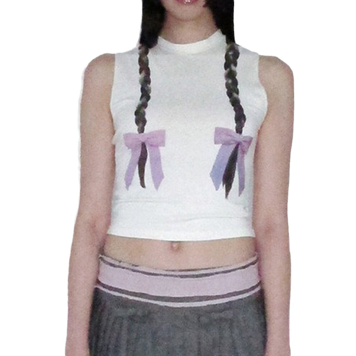 Women's sleeveless top with playful cable design and bow accents W&W