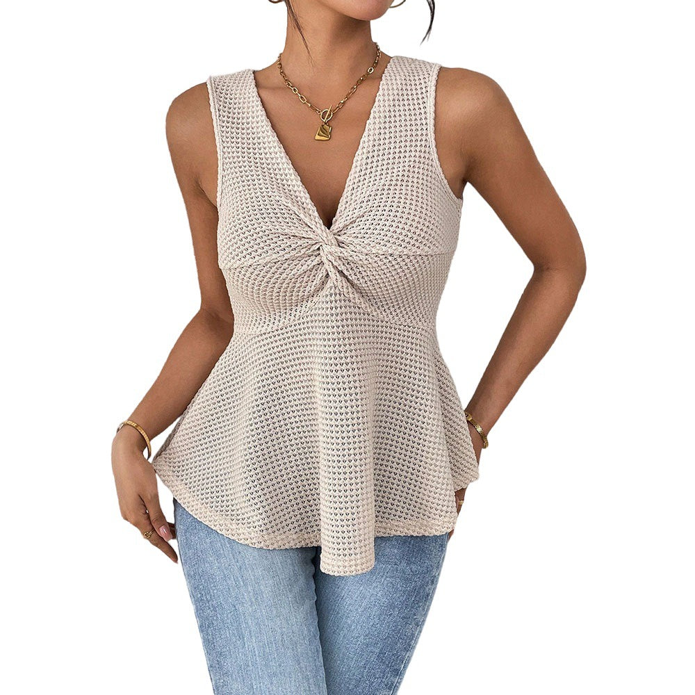 Women's sleeveless top with playful knot and elegant V-neck W&W