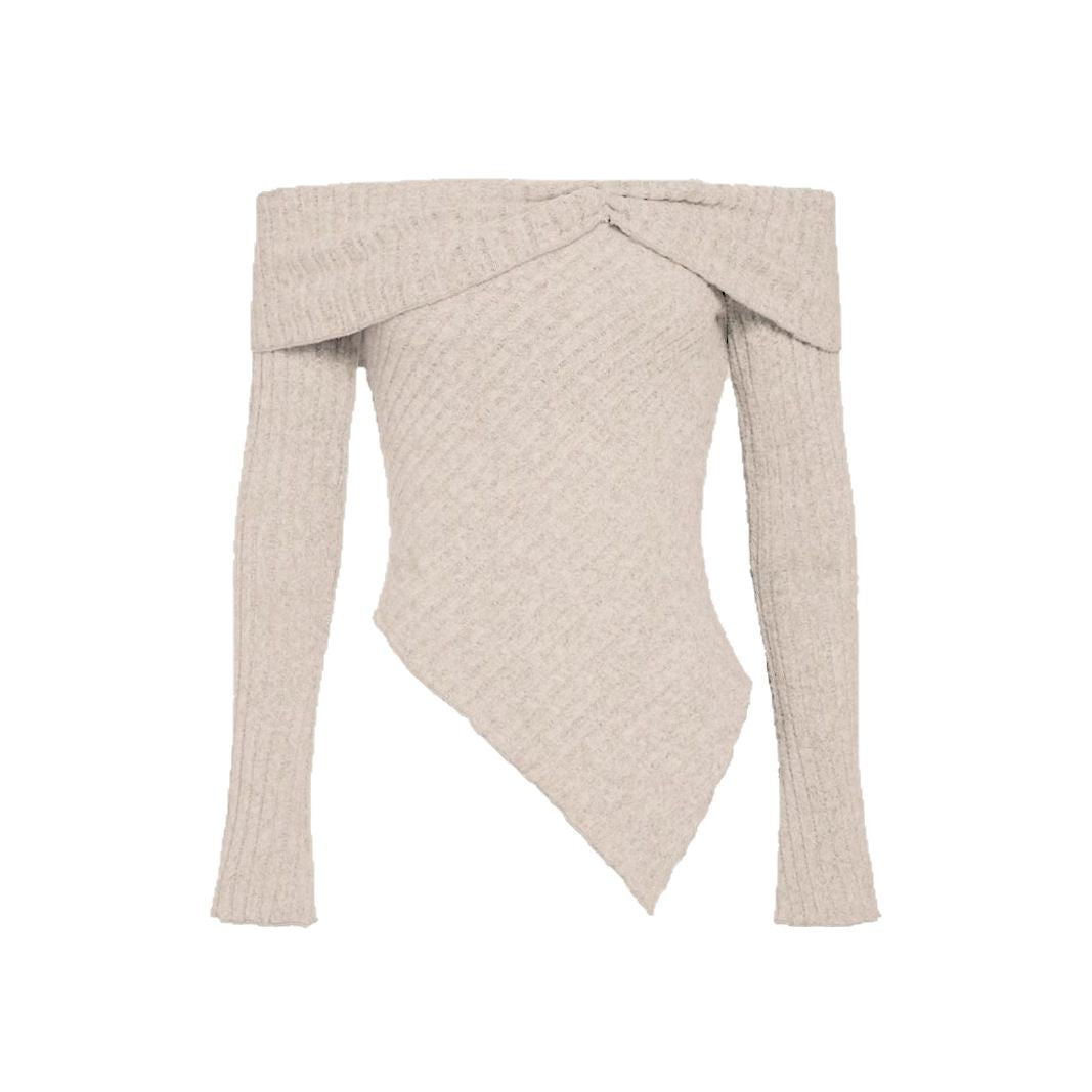 Women's off-the-shoulder ribbed knit top with asymmetric hem and decorative details WW