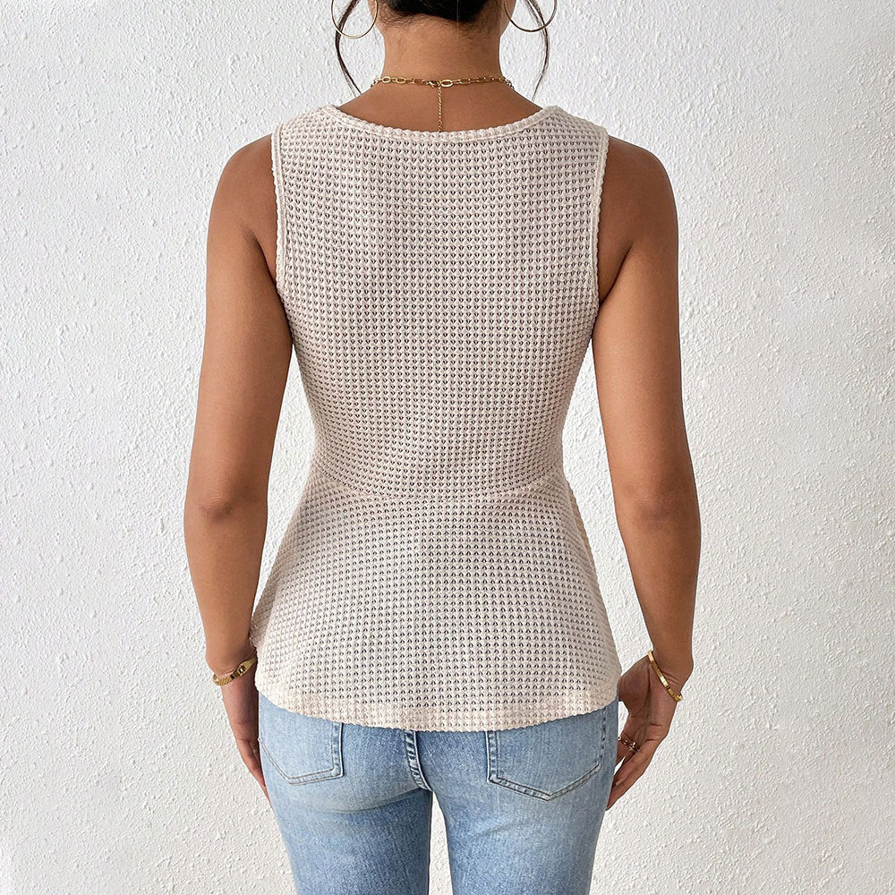 Women's sleeveless top with playful knot and elegant V-neck W&W