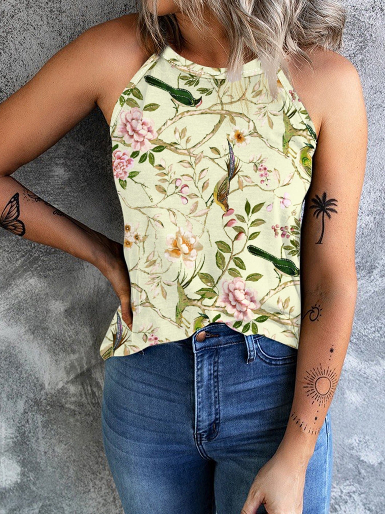 Women's Sleeveless Floral High Neck Shirt WW