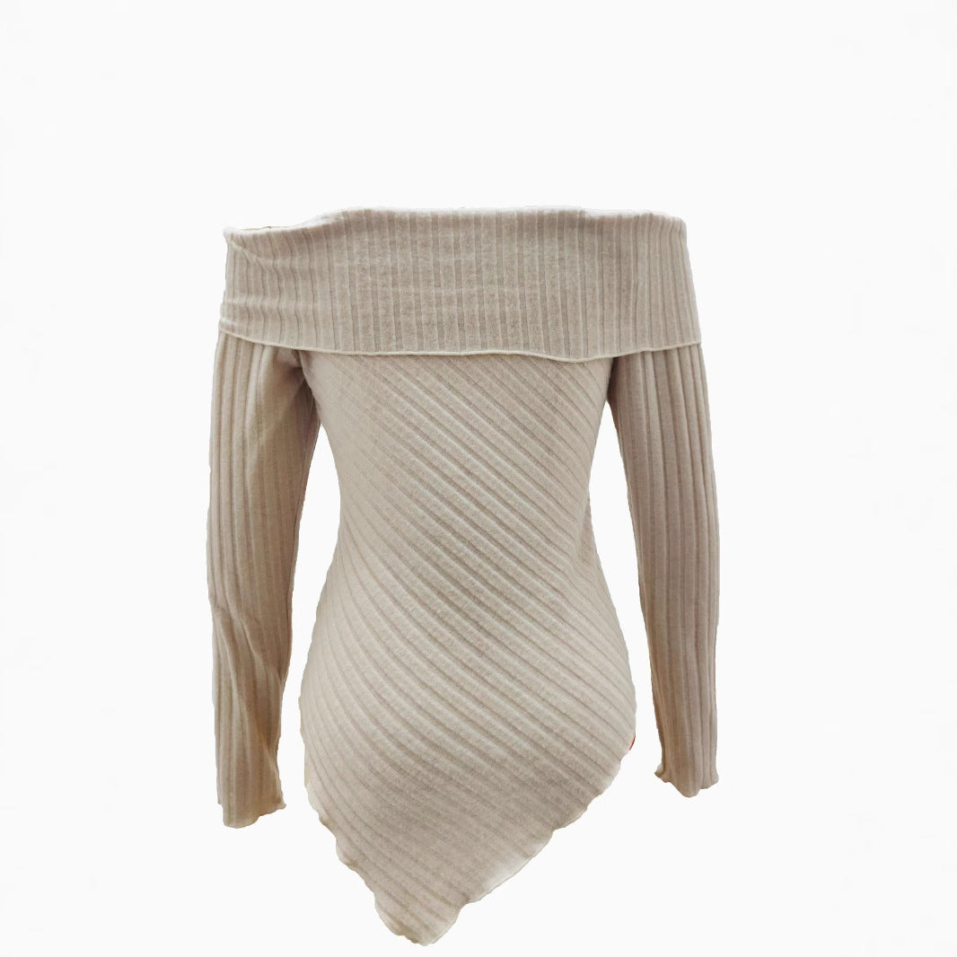 Women's off-the-shoulder ribbed knit top with asymmetric hem and decorative details WW