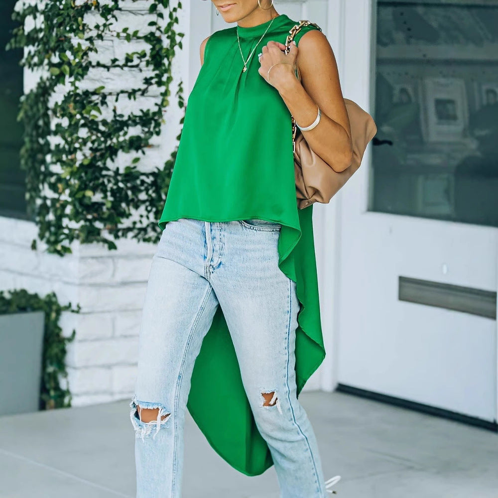 Women's asymmetric top with elegant draping effect and high collar WW