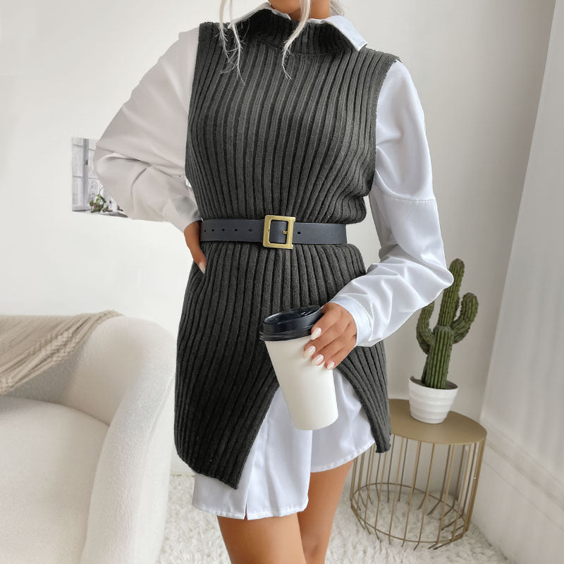Women's knitted dress with asymmetric hem and tailored belt WW
