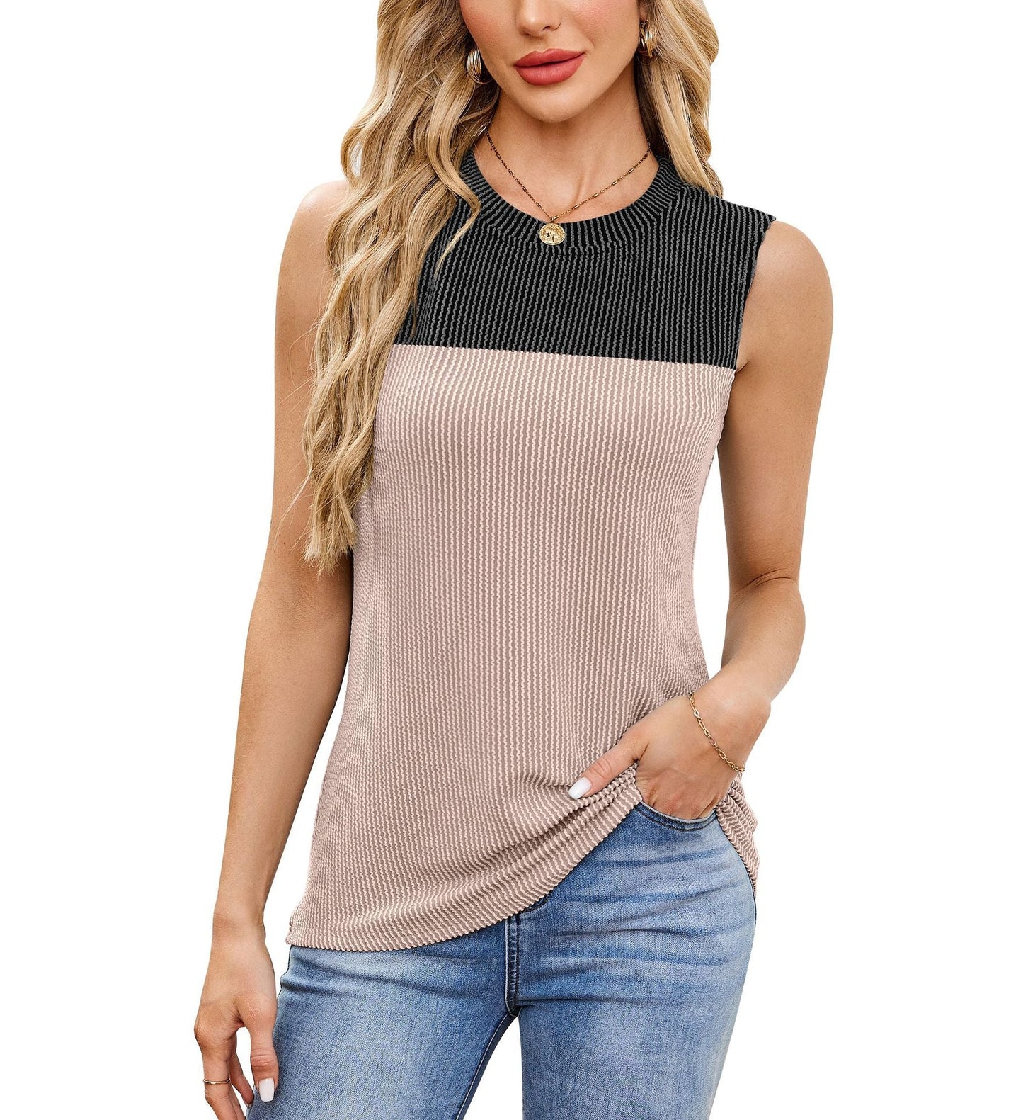 Women's sleeveless ribbed top with boat neck and practical side pockets WW