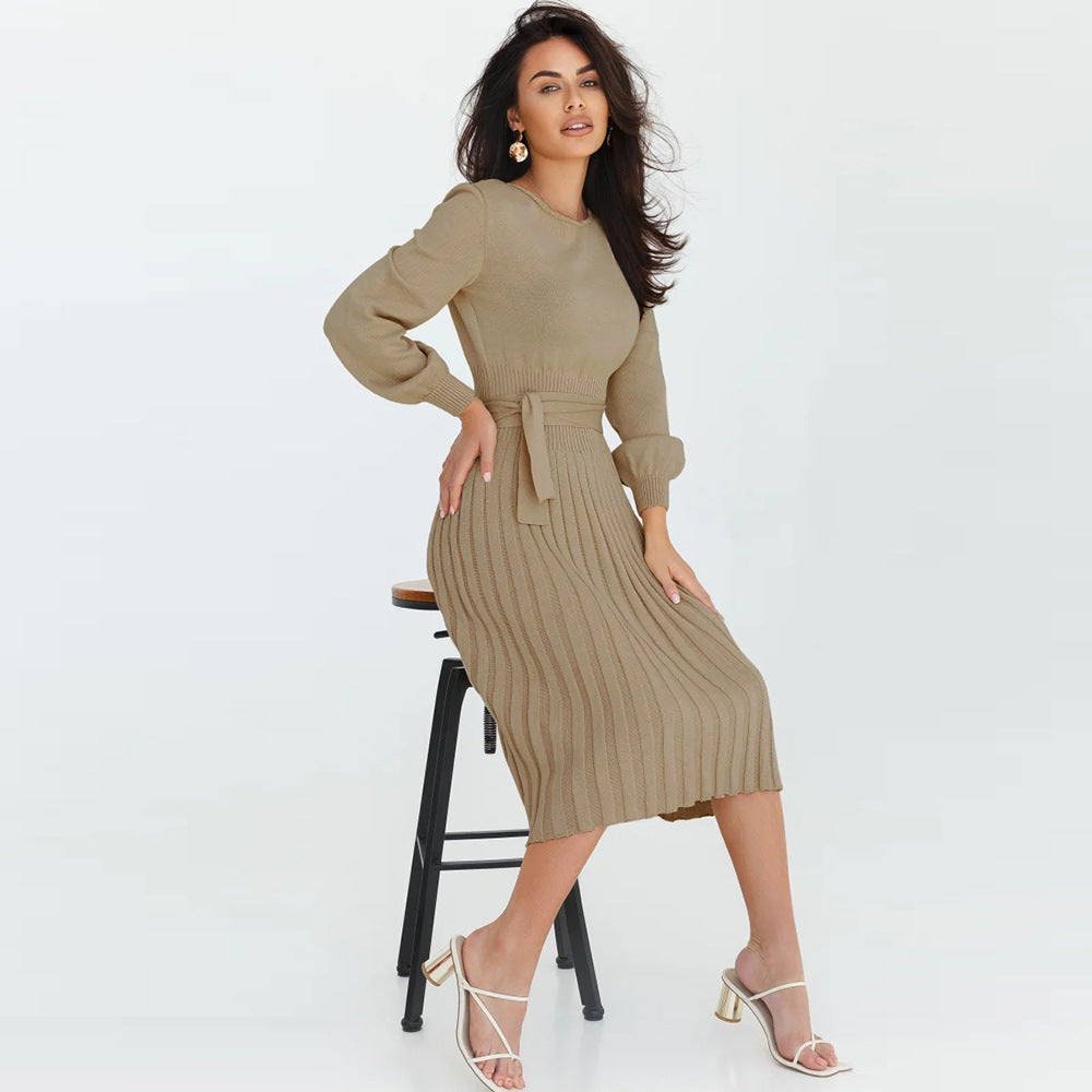 Women's knitted dress with adjustable belt and long sleeves WW