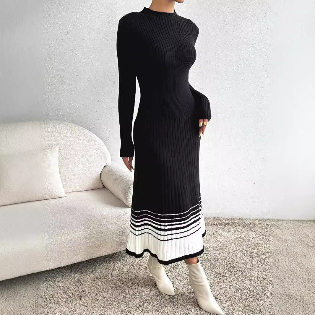 Women's knitted dress with structured rib pattern and decorative hem WW
