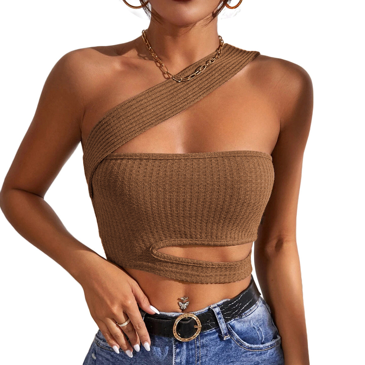 Women's asymmetric crop top with innovative cut-out W&W