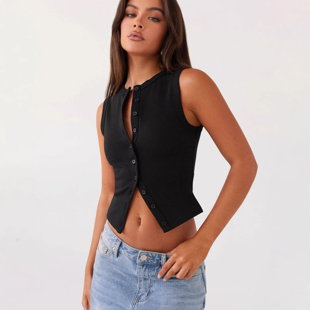 Women's sleeveless button-down shirt made of ribbed fabric with a modern cut WW