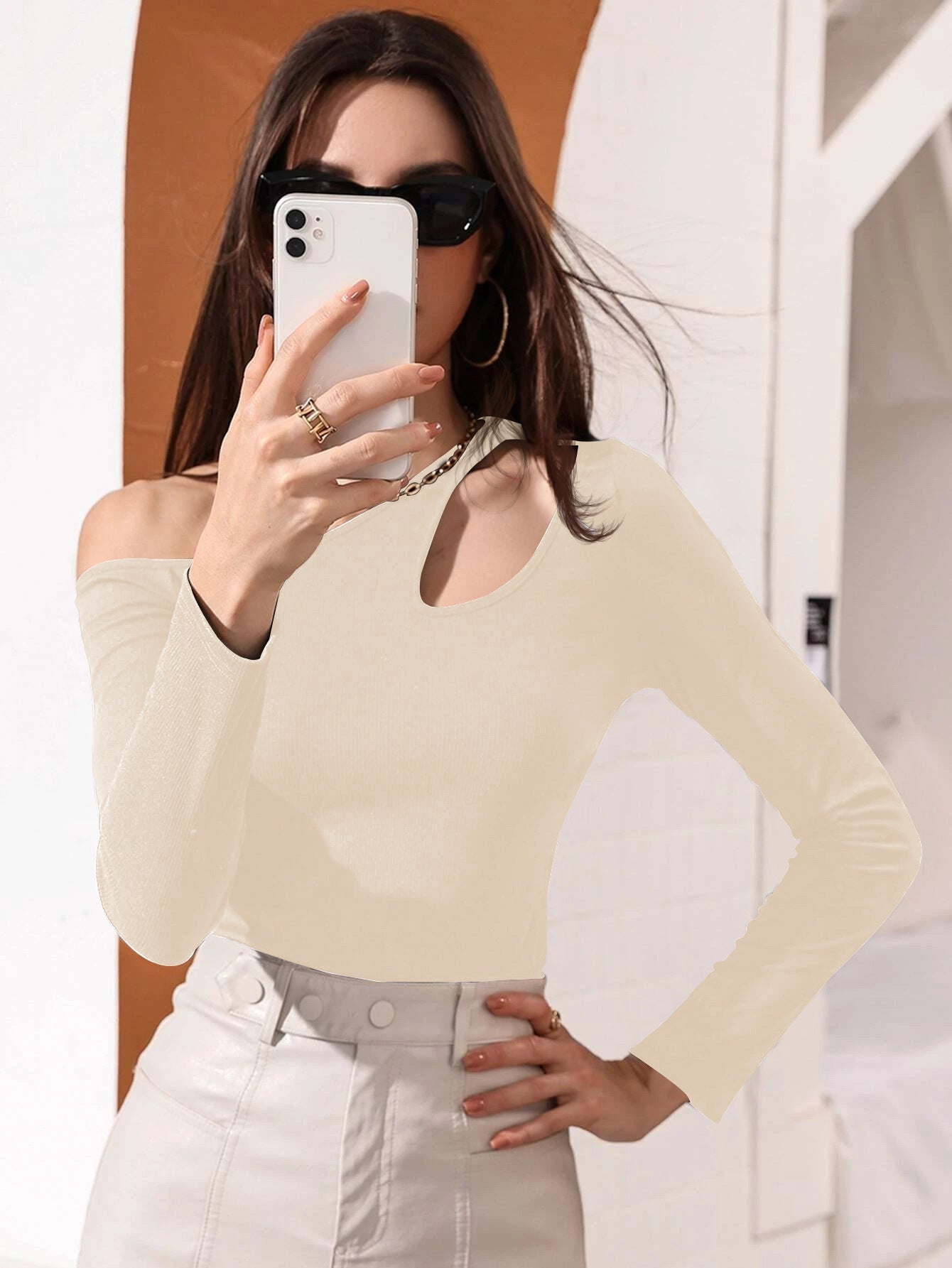 Women's asymmetric long-sleeved shirt with creative cut-outs W&W