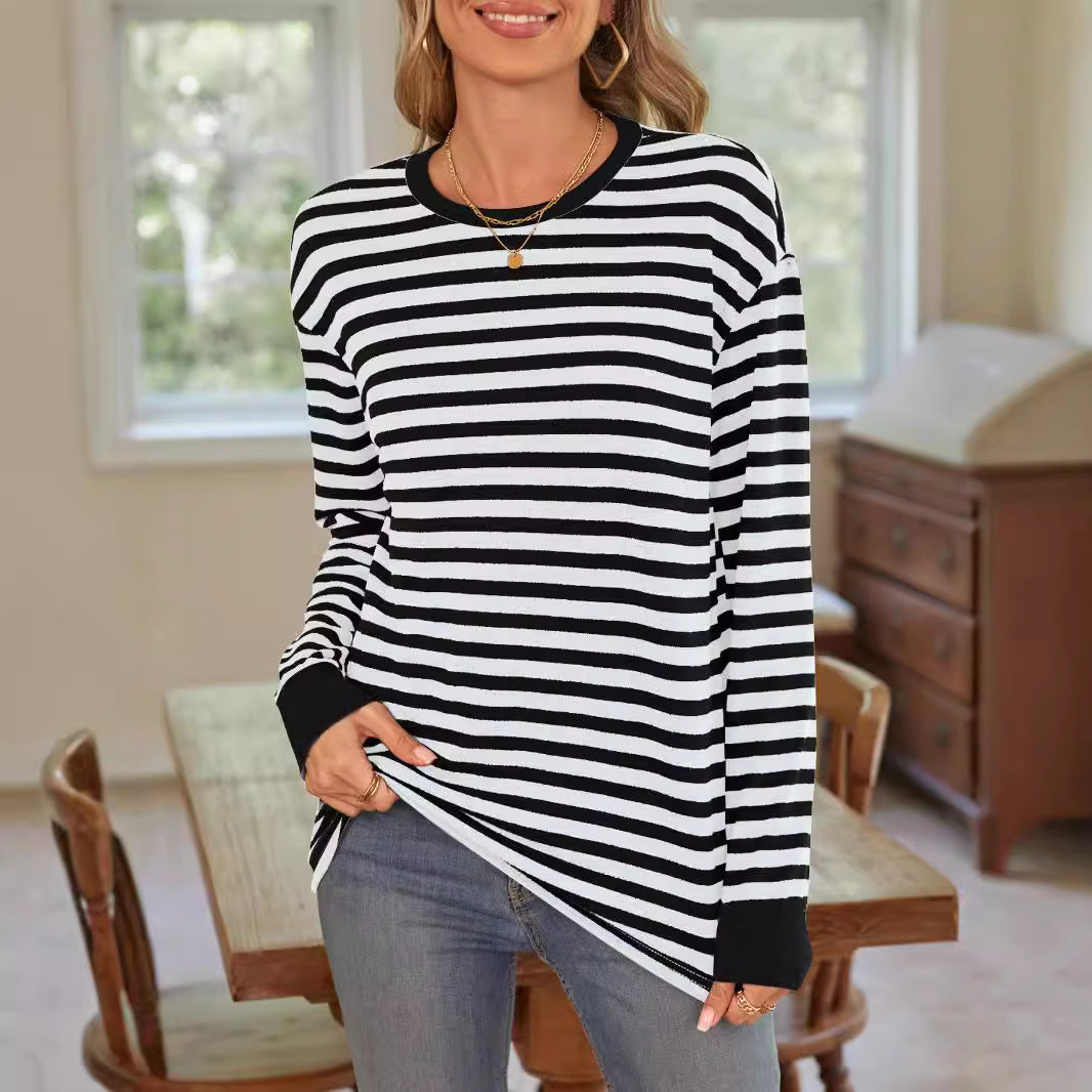 Women's comfortable long-sleeved shirt with striped design and round neck WW