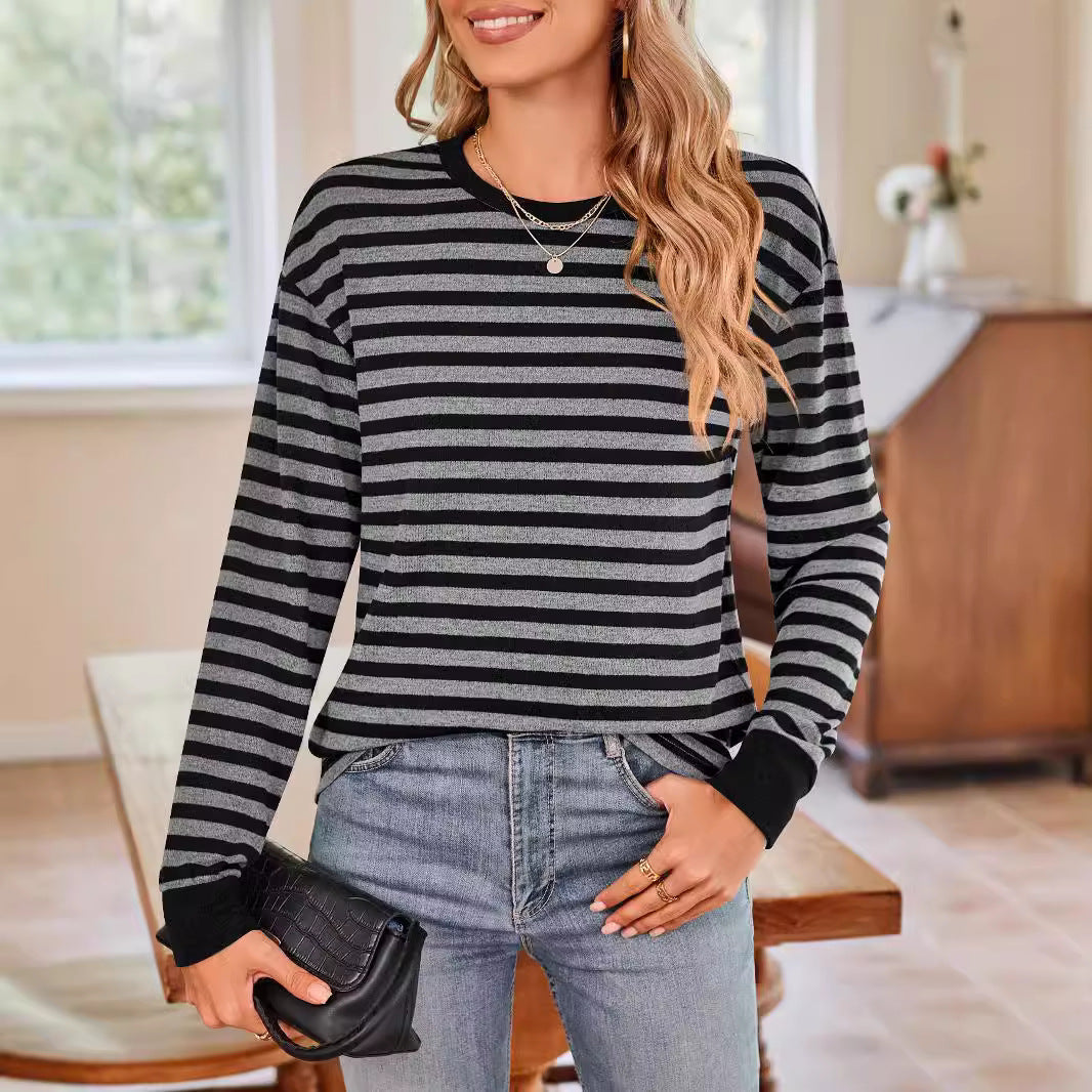 Women's comfortable long-sleeved shirt with striped design and round neck WW