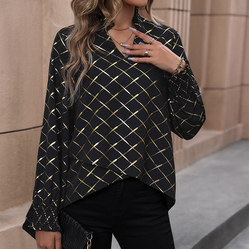 Women's blouse with elegant diamond pattern and puff sleeves WW