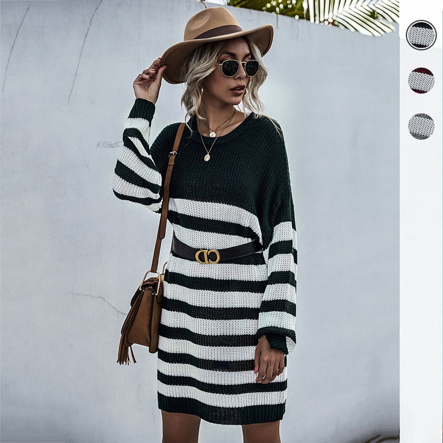 Women's knitted dress with fashionable striped pattern and casual cut WW