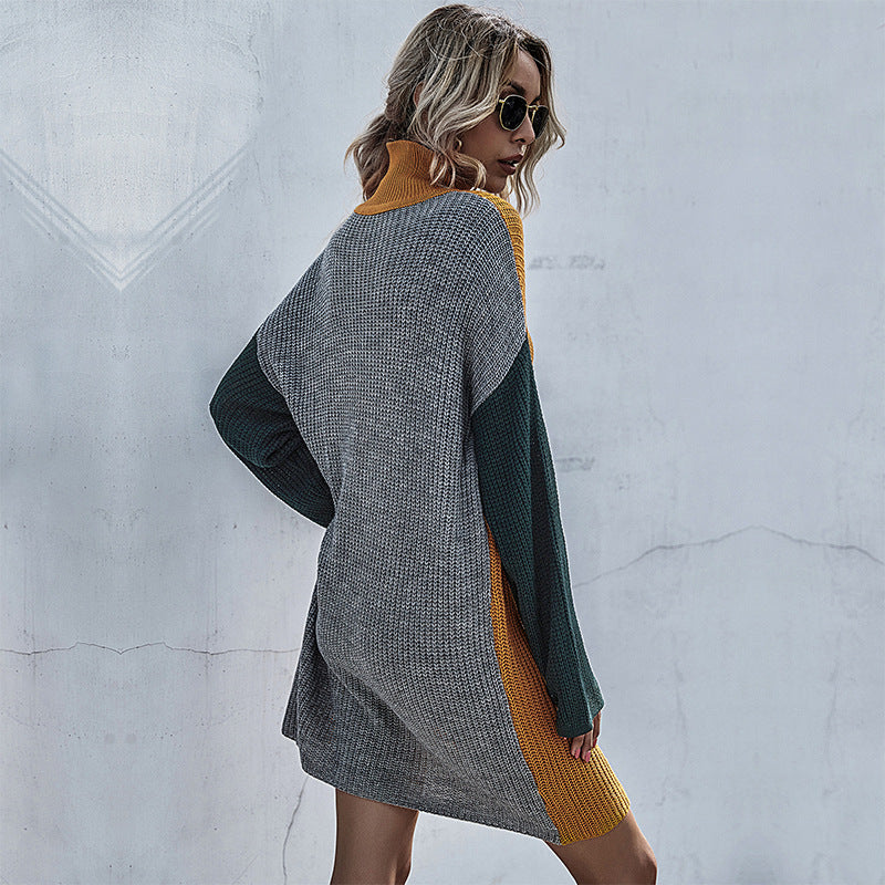 Women's knitted dress with asymmetric cut and contrasting sleeves WW