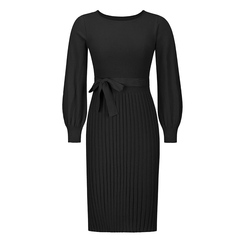 Women's knitted dress with adjustable belt and long sleeves WW