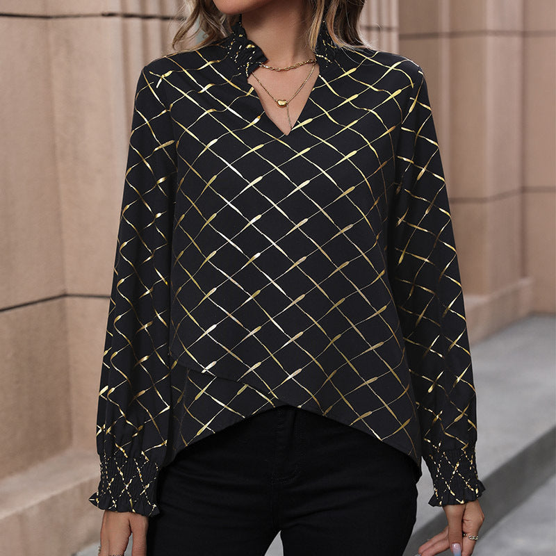 Women's blouse with elegant diamond pattern and puff sleeves WW