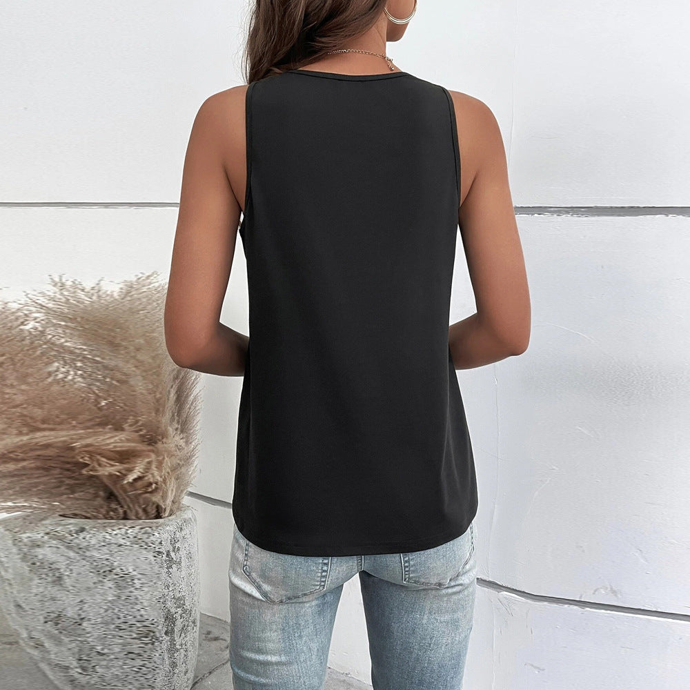 Women's sleeveless V-neck top with decorative lace accents W&W