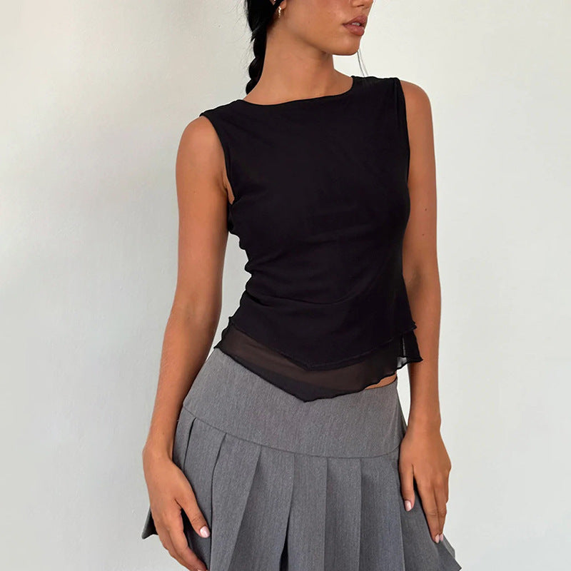 Women's sleeveless top with elegant transparent hem and figure-shaping cut W&W