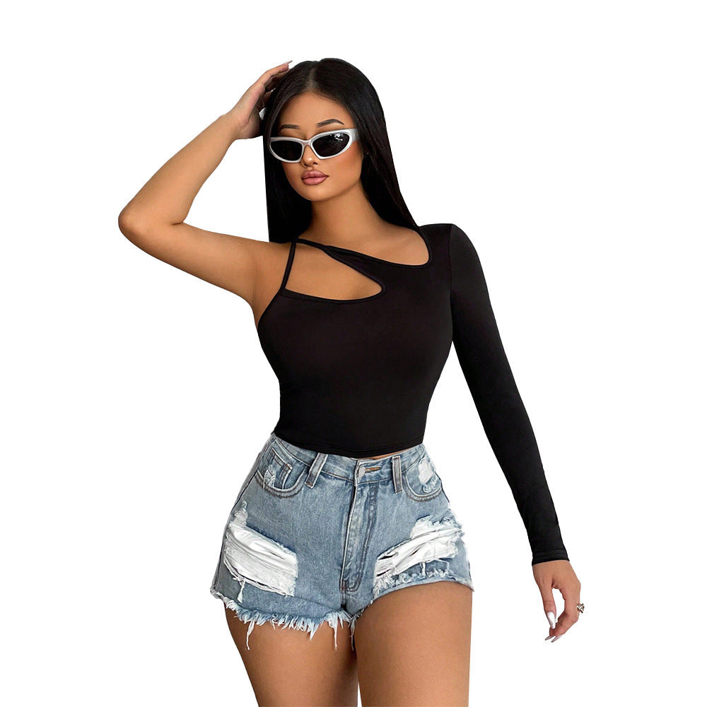 Women's asymmetric long-sleeved crop top with fashionable cut-out W&W