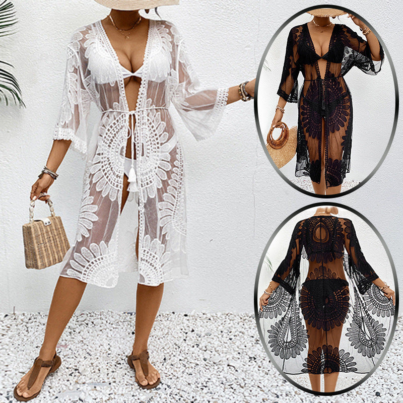 Women's chic crochet beach cover-up with voluminous sleeves and elegant design