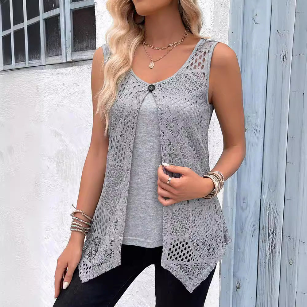 Women's sleeveless lace tunic shirt with fashionable button closure WW