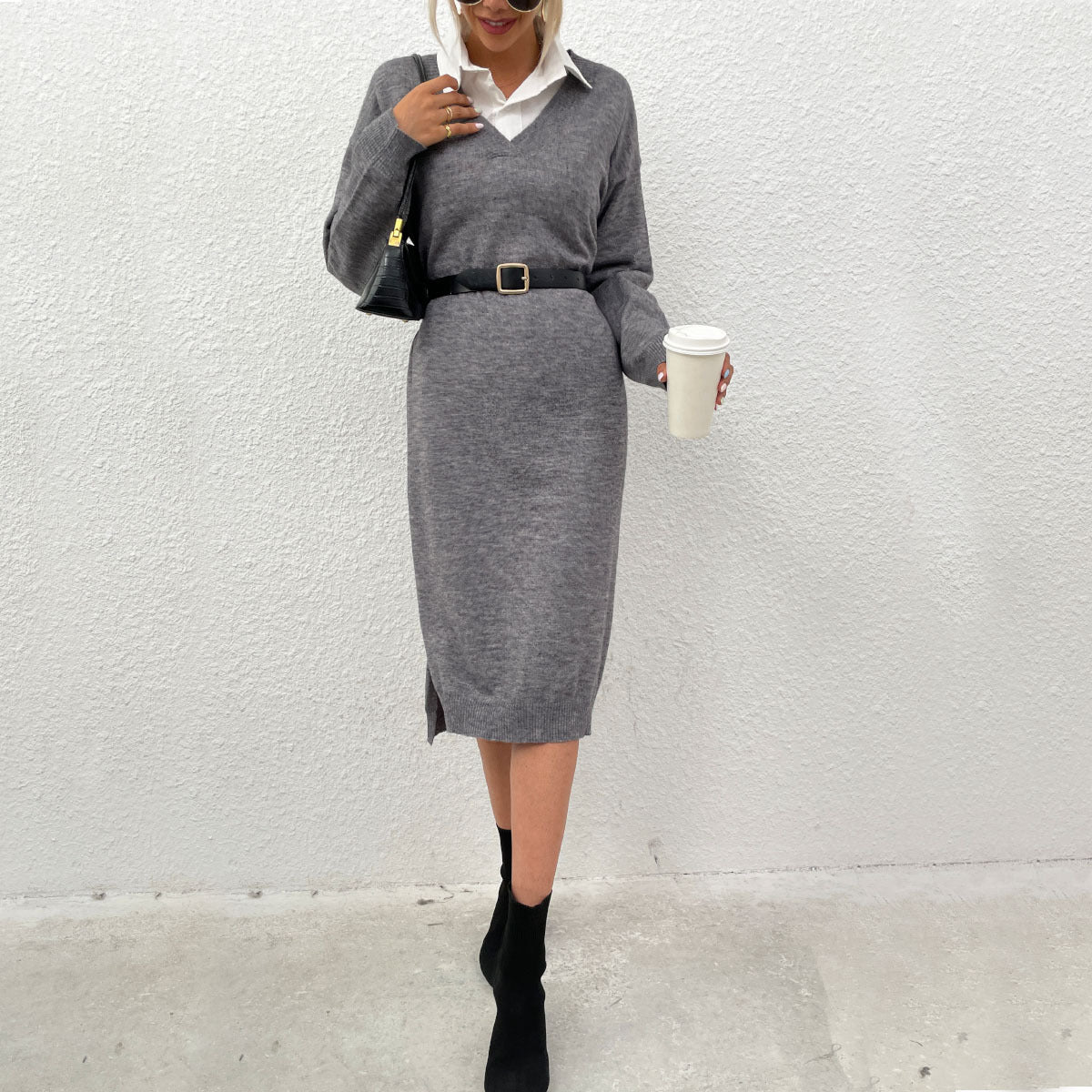 Women's knitted dress with deep V-neck and elegant waist belt WW