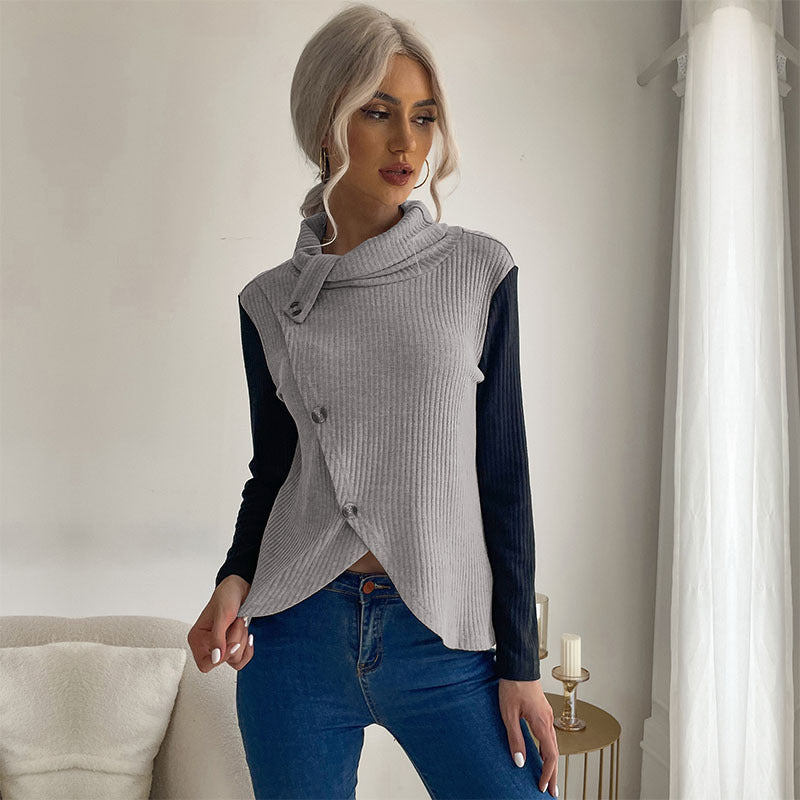 Women's asymmetric wrap top with high collar and decorative buttons WW