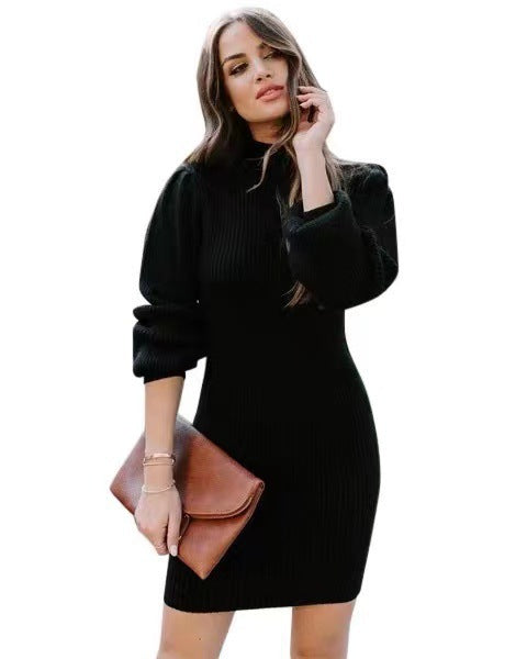 WW | High-neck knitted sweater mini bodycon dress