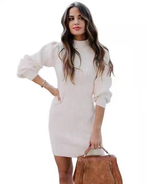 WW | High-neck knitted sweater mini bodycon dress