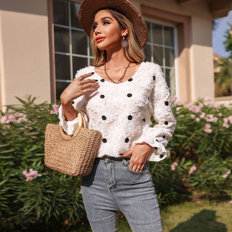 Women's blouse with decorative ruffle details and feminine lace structure WW