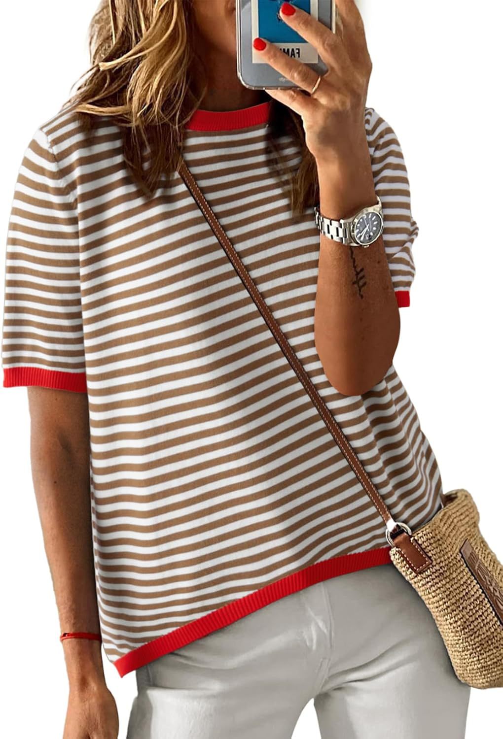 Women's comfortable striped leisure blouse with contrast collar WW