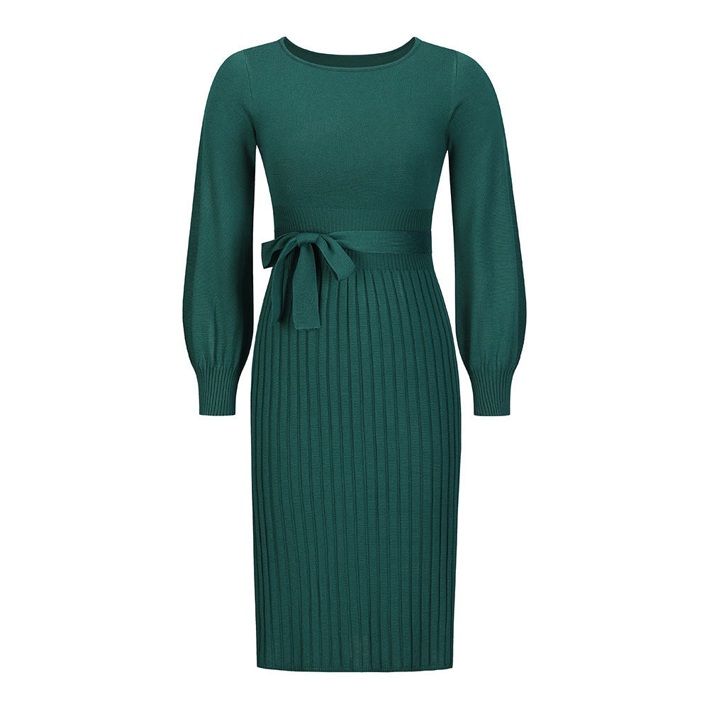 Women's knitted dress with adjustable belt and long sleeves WW