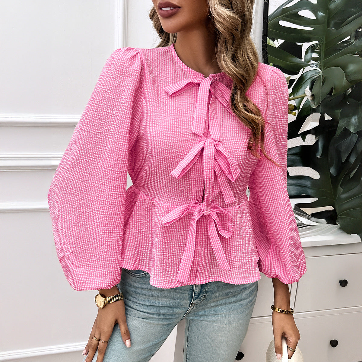 Women's blouse with decorative cuffs and flounced sleeves WW
