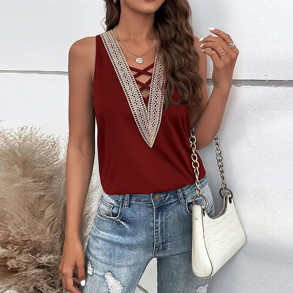 Women's sleeveless V-neck top with decorative lace accents W&W