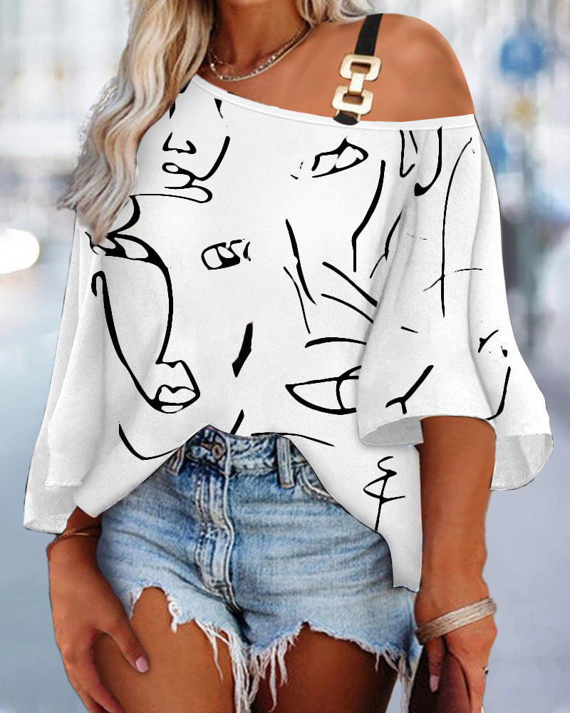 Women's asymmetric top with modern pattern mix and trendy shoulder design WW