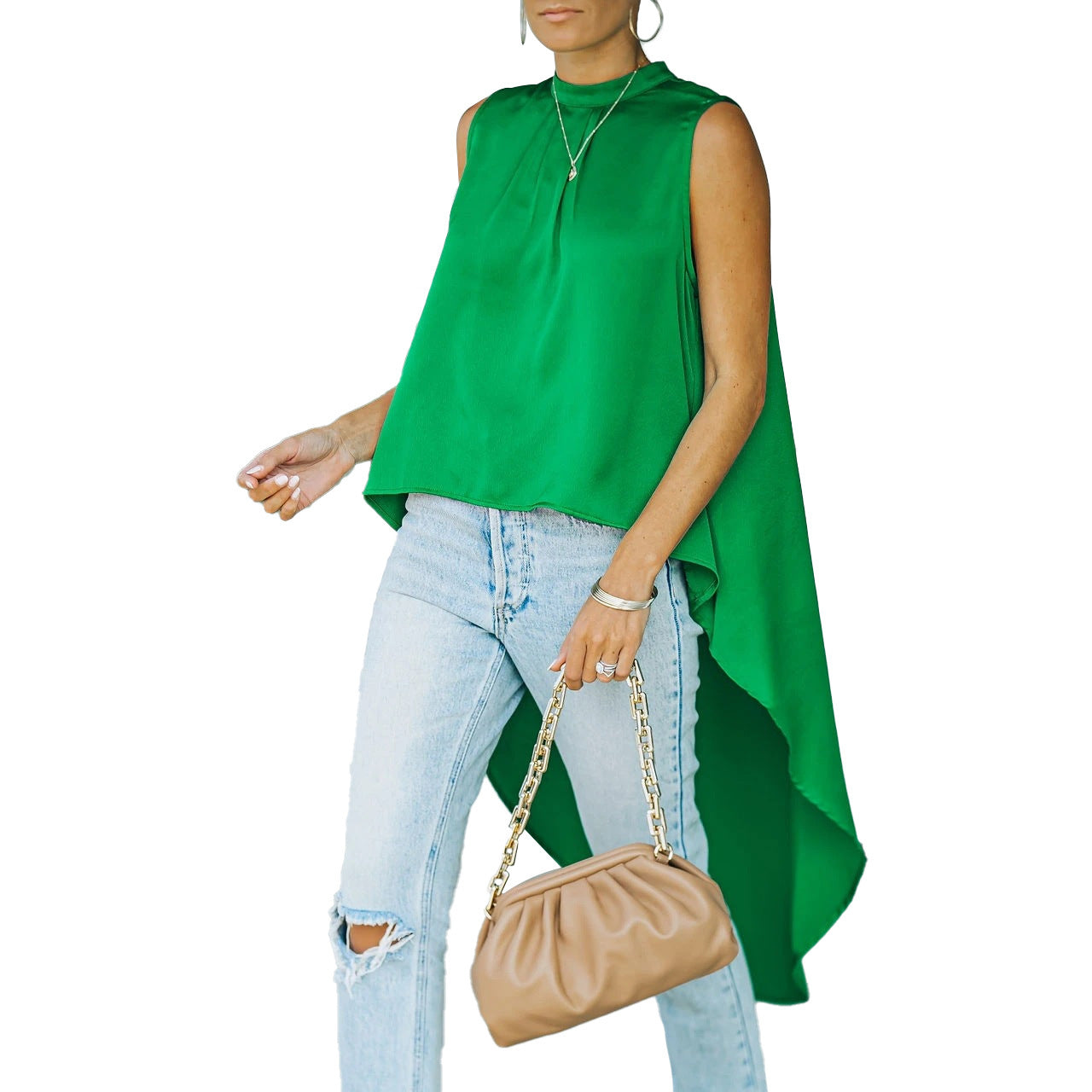 Women's asymmetric top with elegant draping effect and high collar WW