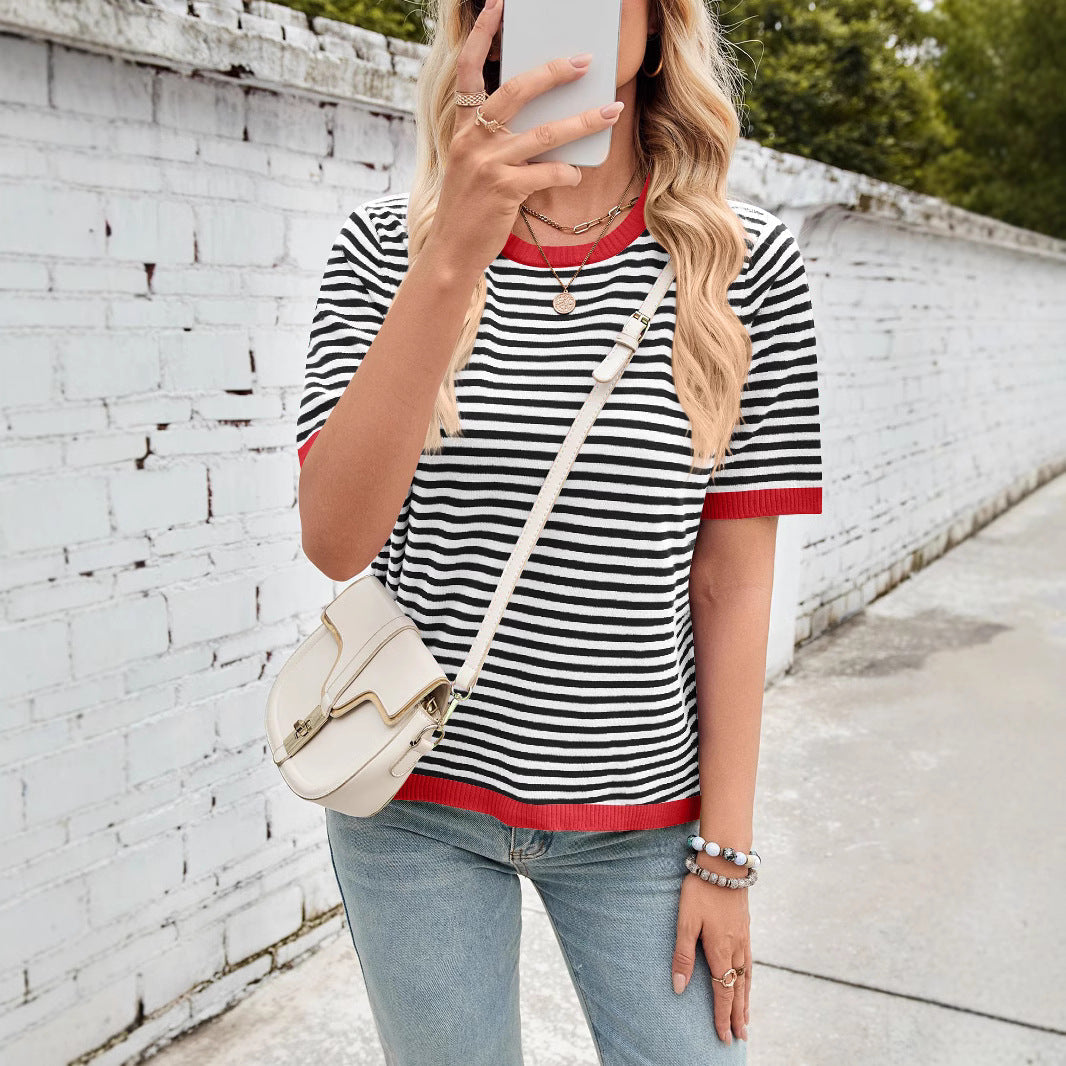 Women's comfortable striped leisure blouse with contrast collar WW