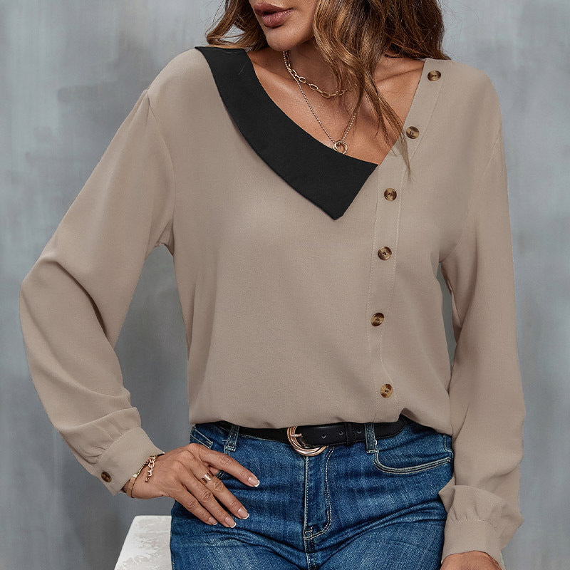 Women's blouse with asymmetric design and elegant button details WW