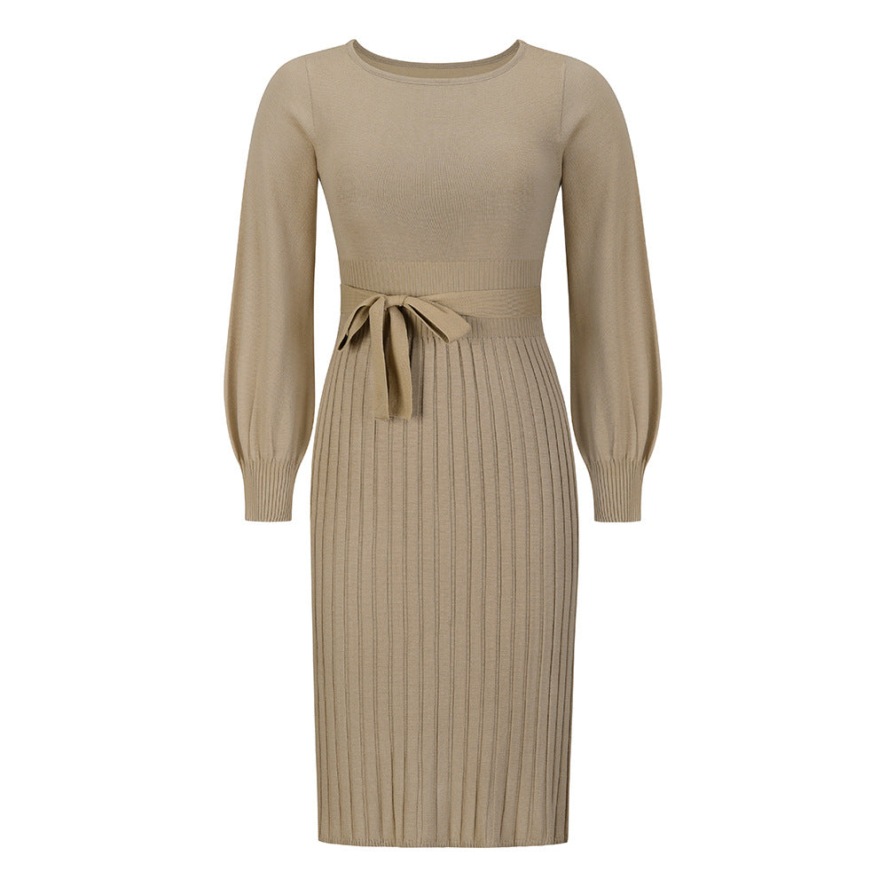 Women's knitted dress with adjustable belt and long sleeves WW