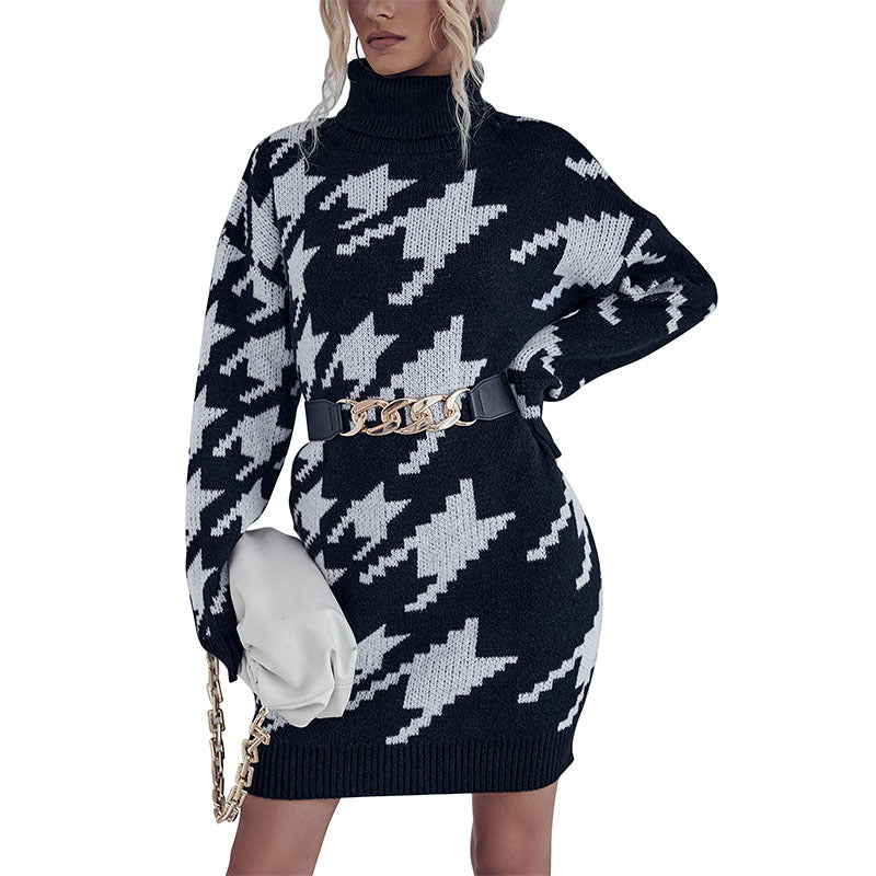 Women's knitted dress with modern star pattern and high collar WW