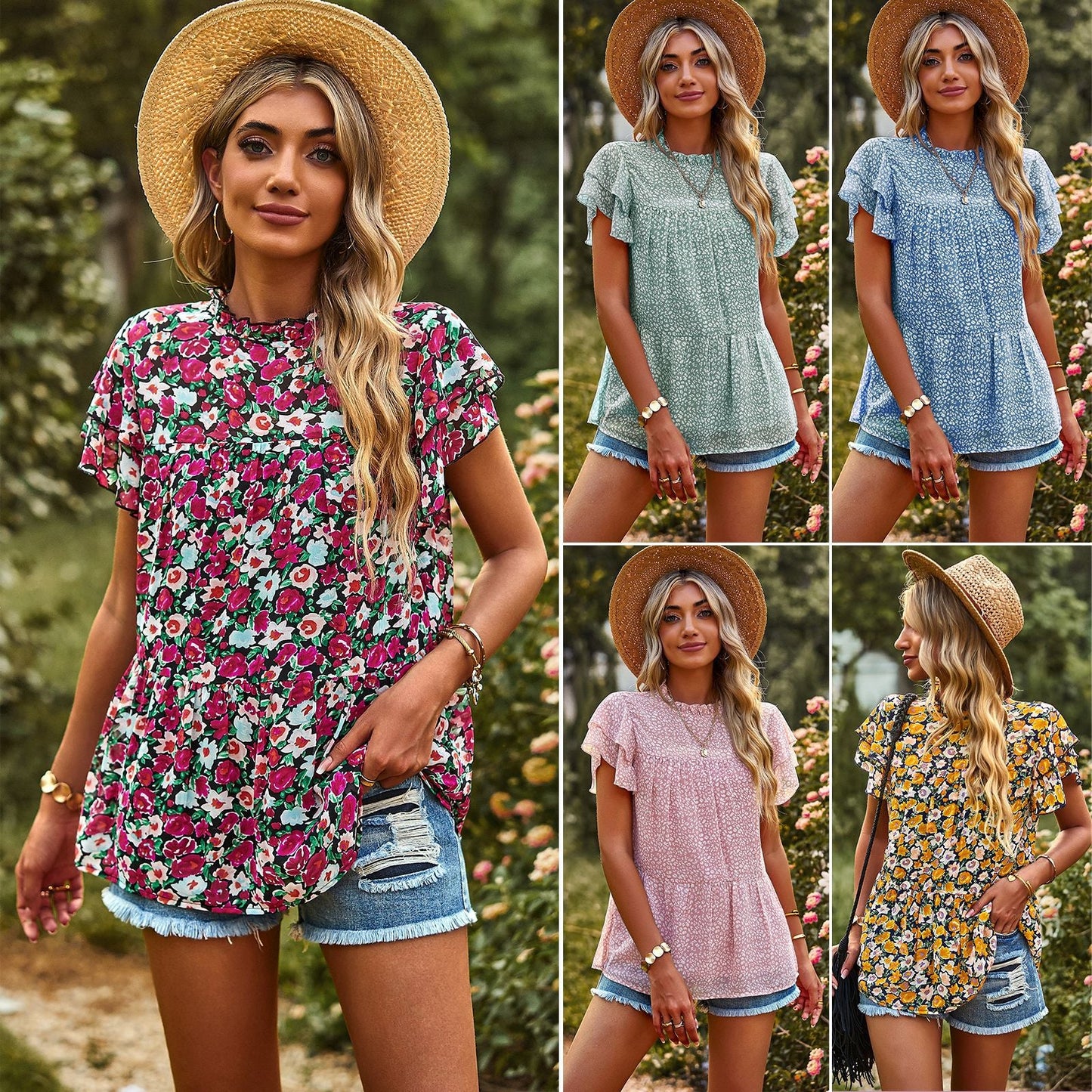 Women's lively blouse shirt with ruffle details and floral design WW